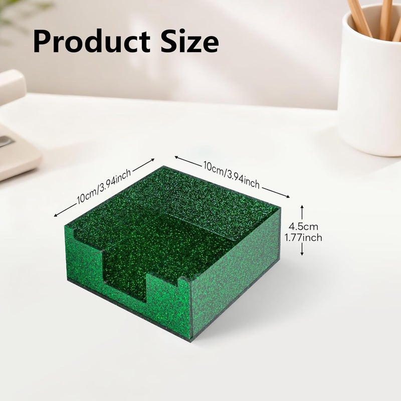 Luminzo Green Sparkling Sticky Note Holder, Glitter Acrylic Organizer, 3.94 x 3.94 in Multi-Use Tray for Office, School & Home Desk - Image 2